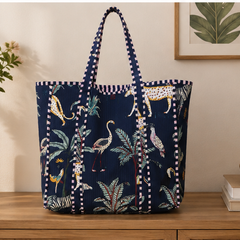 Cotton Canvas Nevy Blue Tote Bag | Quilted Reversible Beach Bag, Handmade - kraafty-com