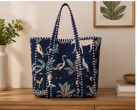 Cotton Canvas Nevy Blue Tote Bag | Quilted Reversible Beach Bag, Handmade - kraafty-com