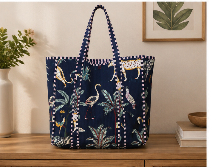 Cotton Canvas Nevy Blue Tote Bag | Quilted Reversible Beach Bag, Handmade - kraafty-com