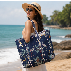 Cotton Canvas Nevy Blue Tote Bag | Quilted Reversible Beach Bag, Handmade - kraafty-com
