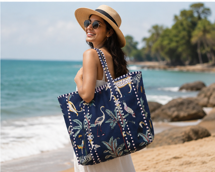 Cotton Canvas Nevy Blue Tote Bag | Quilted Reversible Beach Bag, Handmade - kraafty-com