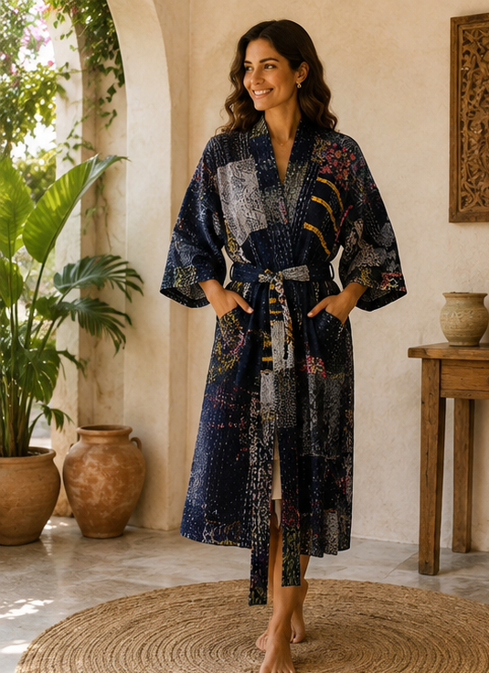 Vintage Kantha Kimono Nevy Blue Robe — Handmade Cotton Dressing Gown