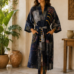 Vintage Kantha Kimono Nevy Blue Robe — Handmade Cotton Dressing Gown