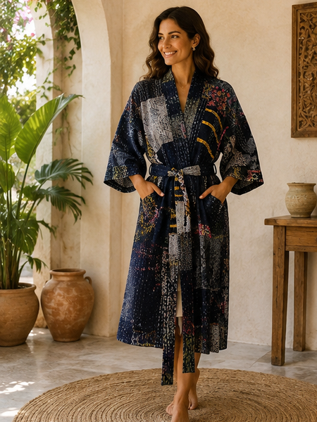 Vintage Kantha Kimono Nevy Blue Robe — Handmade Cotton Dressing Gown