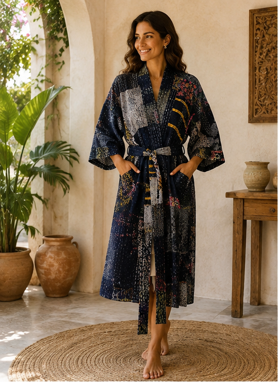 Vintage Kantha Kimono Nevy Blue Robe — Handmade Cotton Dressing Gown