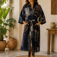 Vintage Kantha Kimono Nevy Blue Robe — Handmade Cotton Dressing Gown