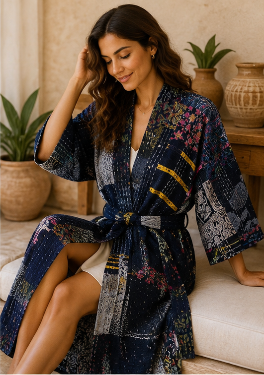 Vintage Kantha Kimono Nevy Blue Robe — Handmade Cotton Dressing Gown