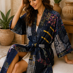 Vintage Kantha Kimono Nevy Blue Robe — Handmade Cotton Dressing Gown