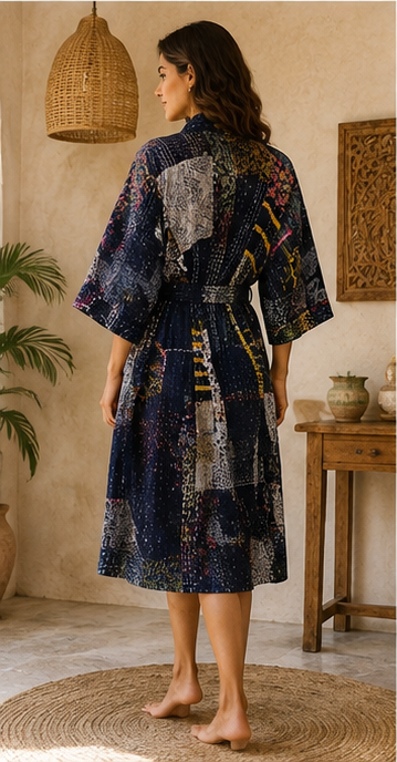 Vintage Kantha Kimono Nevy Blue Robe — Handmade Cotton Dressing Gown