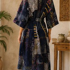 Vintage Kantha Kimono Nevy Blue Robe — Handmade Cotton Dressing Gown