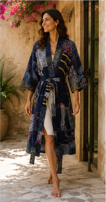 Vintage Kantha Kimono Nevy Blue Robe — Handmade Cotton Dressing Gown