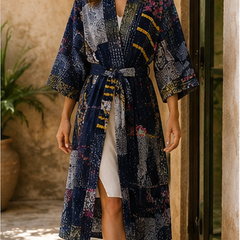 Vintage Kantha Kimono Nevy Blue Robe — Handmade Cotton Dressing Gown
