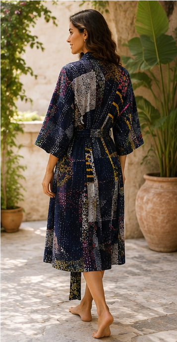 Vintage Kantha Kimono Nevy Blue Robe — Handmade Cotton Dressing Gown