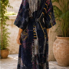 Vintage Kantha Kimono Nevy Blue Robe — Handmade Cotton Dressing Gown