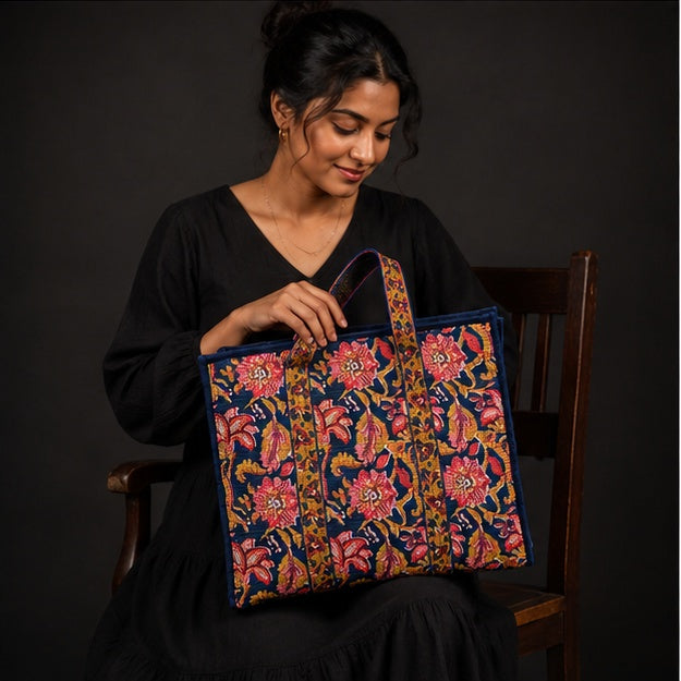 Reversible Quilted Cotton Blue Floral Tote Bag with Interior Pocket - kraafty-com