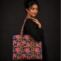 Reversible Quilted Cotton Blue Floral Tote Bag with Interior Pocket - kraafty-com