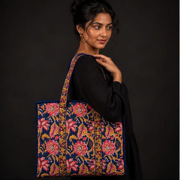 Reversible Quilted Cotton Blue Floral Tote Bag with Interior Pocket - kraafty-com