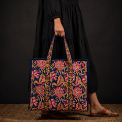 Reversible Quilted Cotton Blue Floral Tote Bag with Interior Pocket - kraafty-com