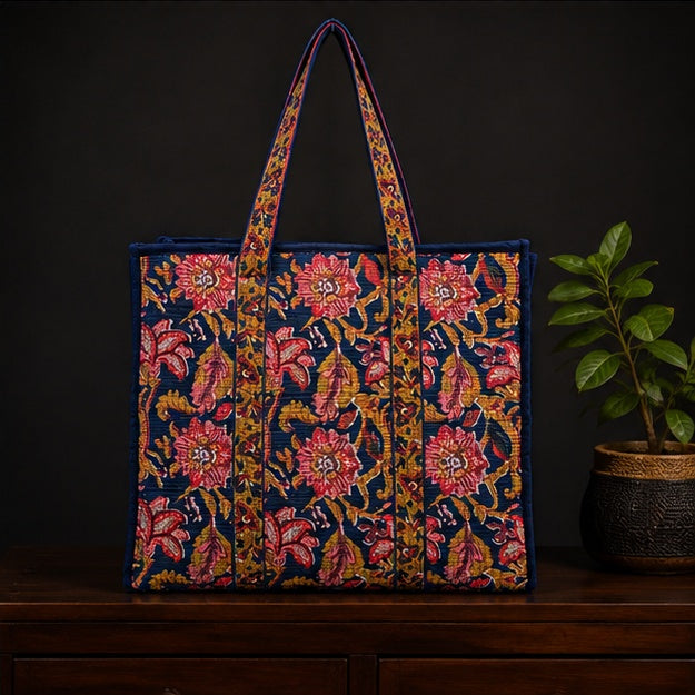 Reversible Quilted Cotton Blue Floral Tote Bag with Interior Pocket - kraafty-com