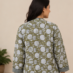 Kantha Jacket for Women | Handmade Cotton Quilted Green Jacket - kraafty-com