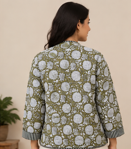 Kantha Jacket for Women | Handmade Cotton Quilted Green Jacket - kraafty-com