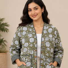 Kantha Jacket for Women | Handmade Cotton Quilted Green Jacket - kraafty-com