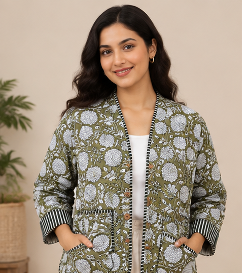 Kantha Jacket for Women | Handmade Cotton Quilted Green Jacket - kraafty-com