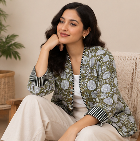 Kantha Jacket for Women | Handmade Cotton Quilted Green Jacket - kraafty-com