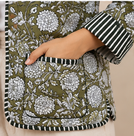 Kantha Jacket for Women | Handmade Cotton Quilted Green Jacket - kraafty-com