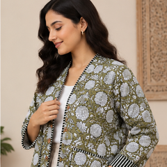 Kantha Jacket for Women | Handmade Cotton Quilted Green Jacket - kraafty-com