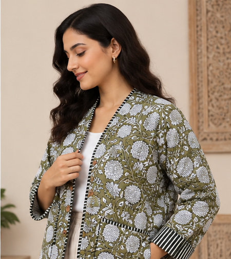 Kantha Jacket for Women | Handmade Cotton Quilted Green Jacket - kraafty-com