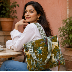 velvet Green Tote Bag for Women | Sustainable Quilted Beach & Everyday Tote - kraafty-com