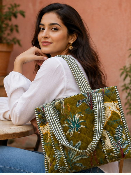velvet Green Tote Bag for Women | Sustainable Quilted Beach & Everyday Tote - kraafty-com