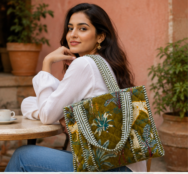velvet Green Tote Bag for Women | Sustainable Quilted Beach & Everyday Tote - kraafty-com
