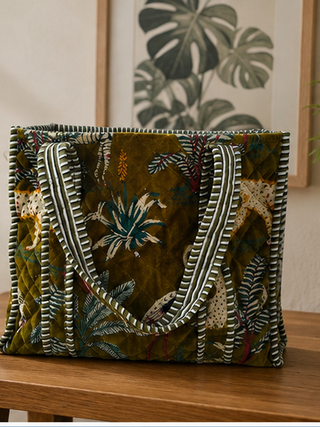 velvet Green Tote Bag for Women | Sustainable Quilted Beach & Everyday Tote - kraafty-com