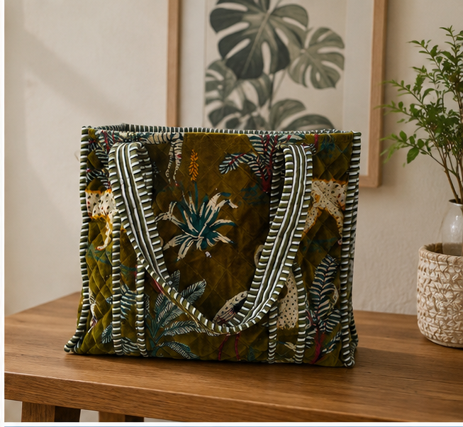 velvet Green Tote Bag for Women | Sustainable Quilted Beach & Everyday Tote - kraafty-com