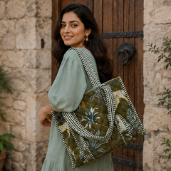 velvet Green Tote Bag for Women | Sustainable Quilted Beach & Everyday Tote - kraafty-com