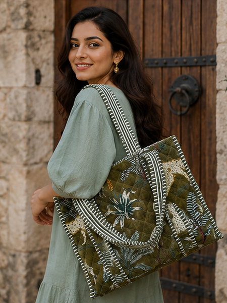velvet Green Tote Bag for Women | Sustainable Quilted Beach & Everyday Tote - kraafty-com