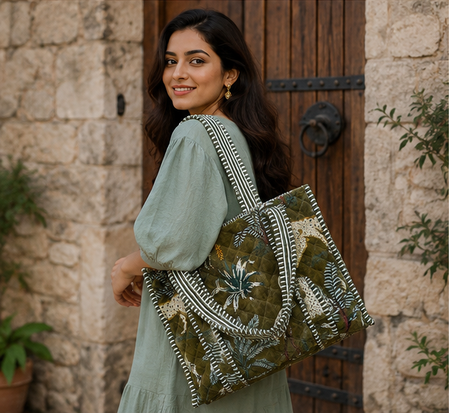 velvet Green Tote Bag for Women | Sustainable Quilted Beach & Everyday Tote - kraafty-com