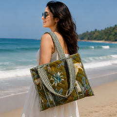 velvet Green Tote Bag for Women | Sustainable Quilted Beach & Everyday Tote - kraafty-com
