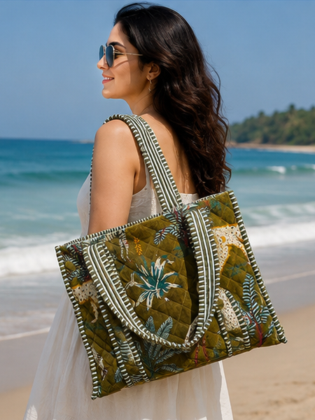 velvet Green Tote Bag for Women | Sustainable Quilted Beach & Everyday Tote - kraafty-com