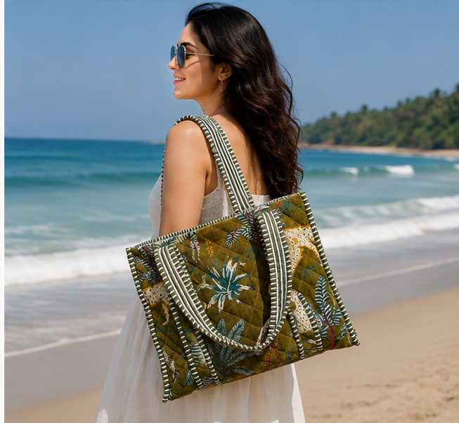 velvet Green Tote Bag for Women | Sustainable Quilted Beach & Everyday Tote - kraafty-com