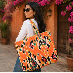Reversible Quilted Orange Cotton Tote | Hand-Printed Ethnic Beach Bag