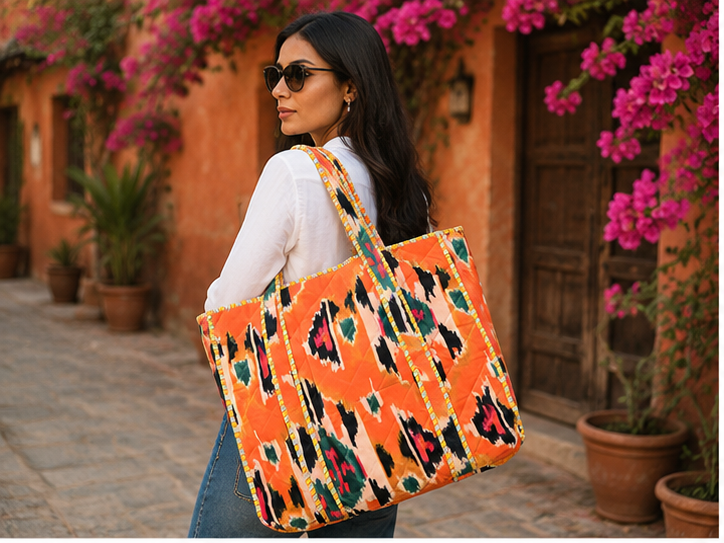 Reversible Quilted Orange Cotton Tote | Hand-Printed Ethnic Beach Bag