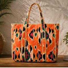 Reversible Quilted Orange Cotton Tote | Hand-Printed Ethnic Beach Bag