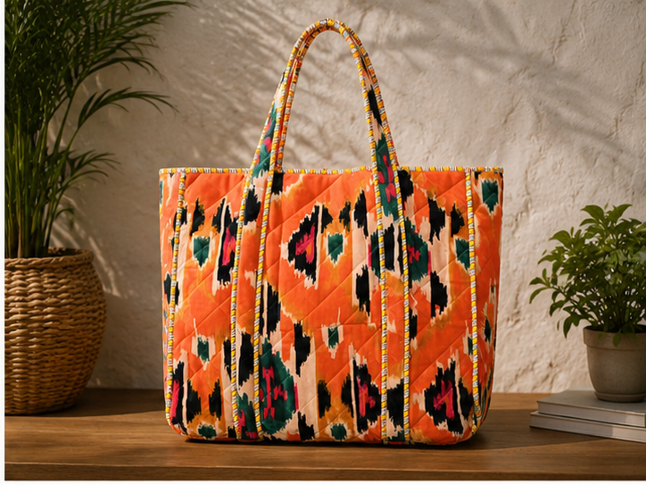 Reversible Quilted Orange Cotton Tote | Hand-Printed Ethnic Beach Bag