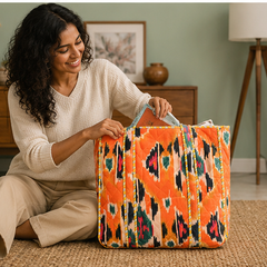 Reversible Quilted Orange Cotton Tote | Hand-Printed Ethnic Beach Bag