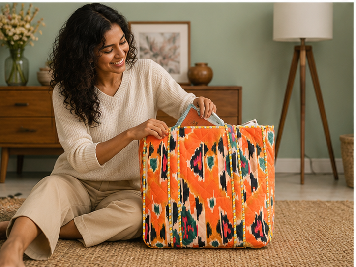 Reversible Quilted Orange Cotton Tote | Hand-Printed Ethnic Beach Bag