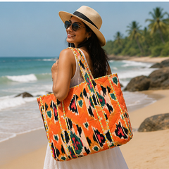 Reversible Quilted Orange Cotton Tote | Hand-Printed Ethnic Beach Bag