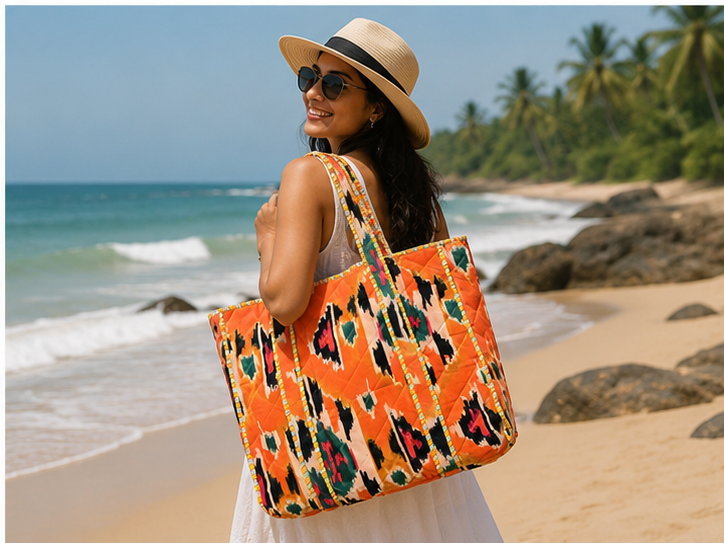 Reversible Quilted Orange Cotton Tote | Hand-Printed Ethnic Beach Bag
